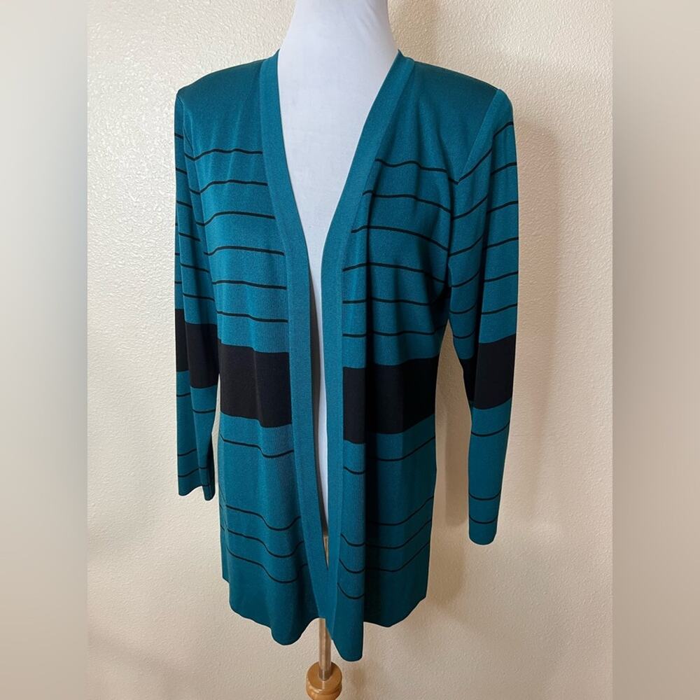 Exclusively Misook blue black striped open cardigan sweater MEDIUM